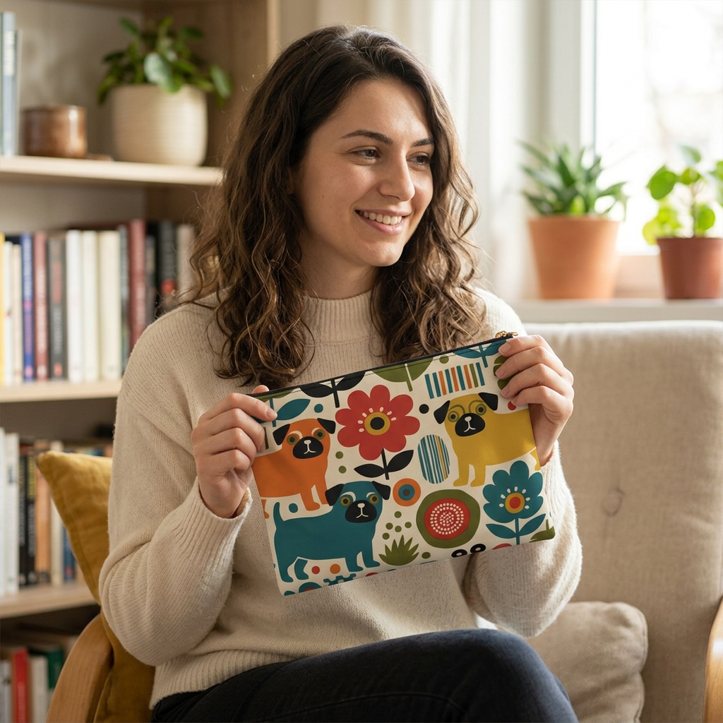 Retro Floral Pugs Pouch | Colorful Dog Accessory Pouch