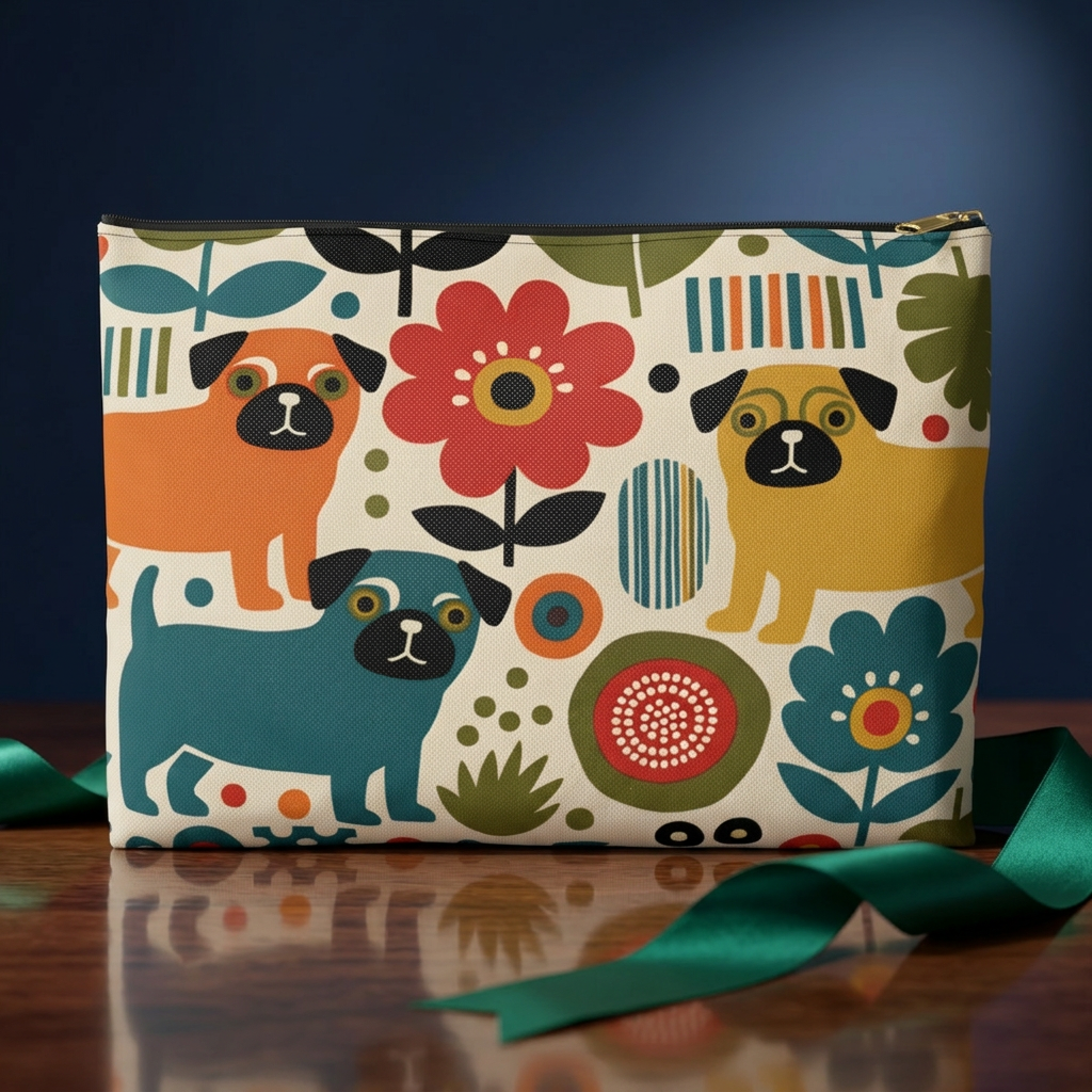 Retro Floral Pugs Pouch | Colorful Dog Accessory Pouch