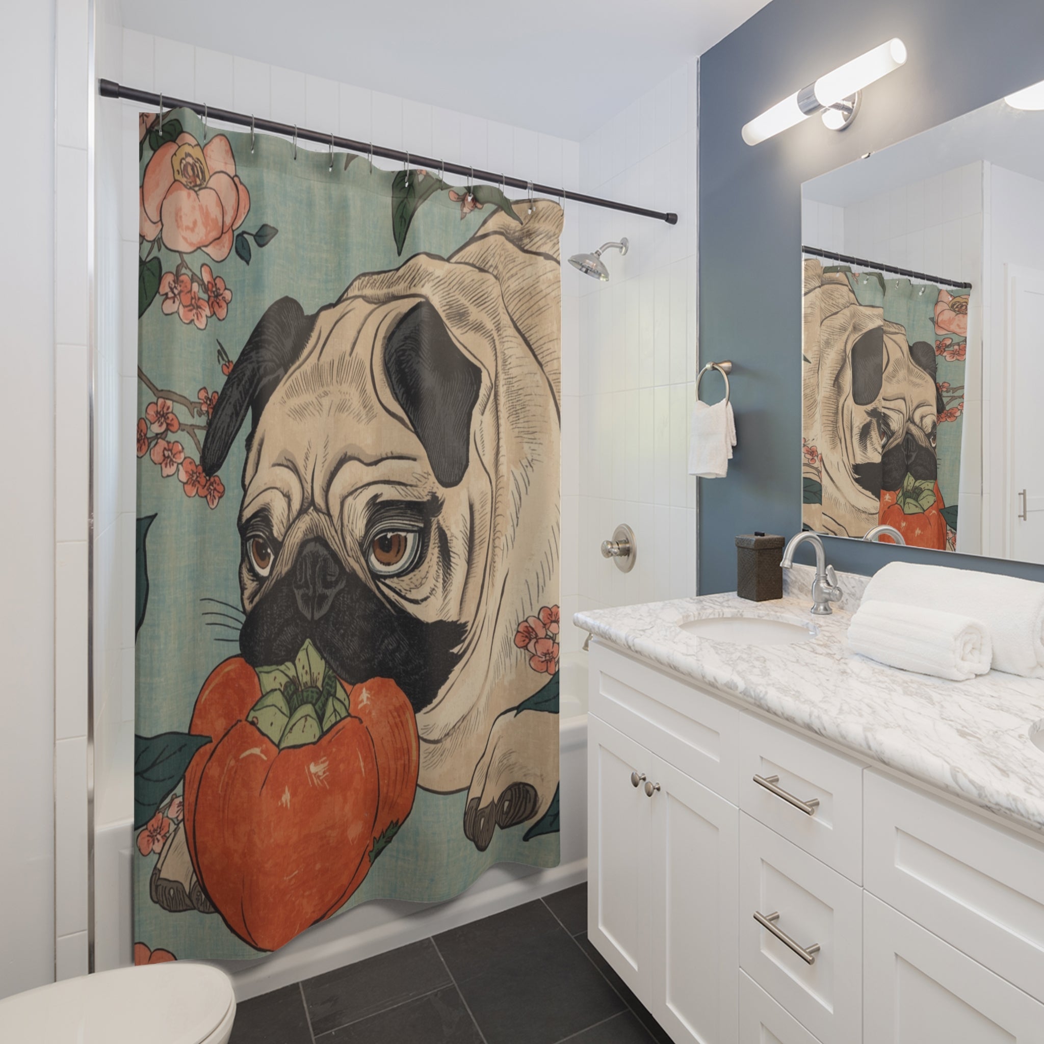 Pug with Persimmon Shower Curtain | Floral Vintage Dog Bathroom Decor