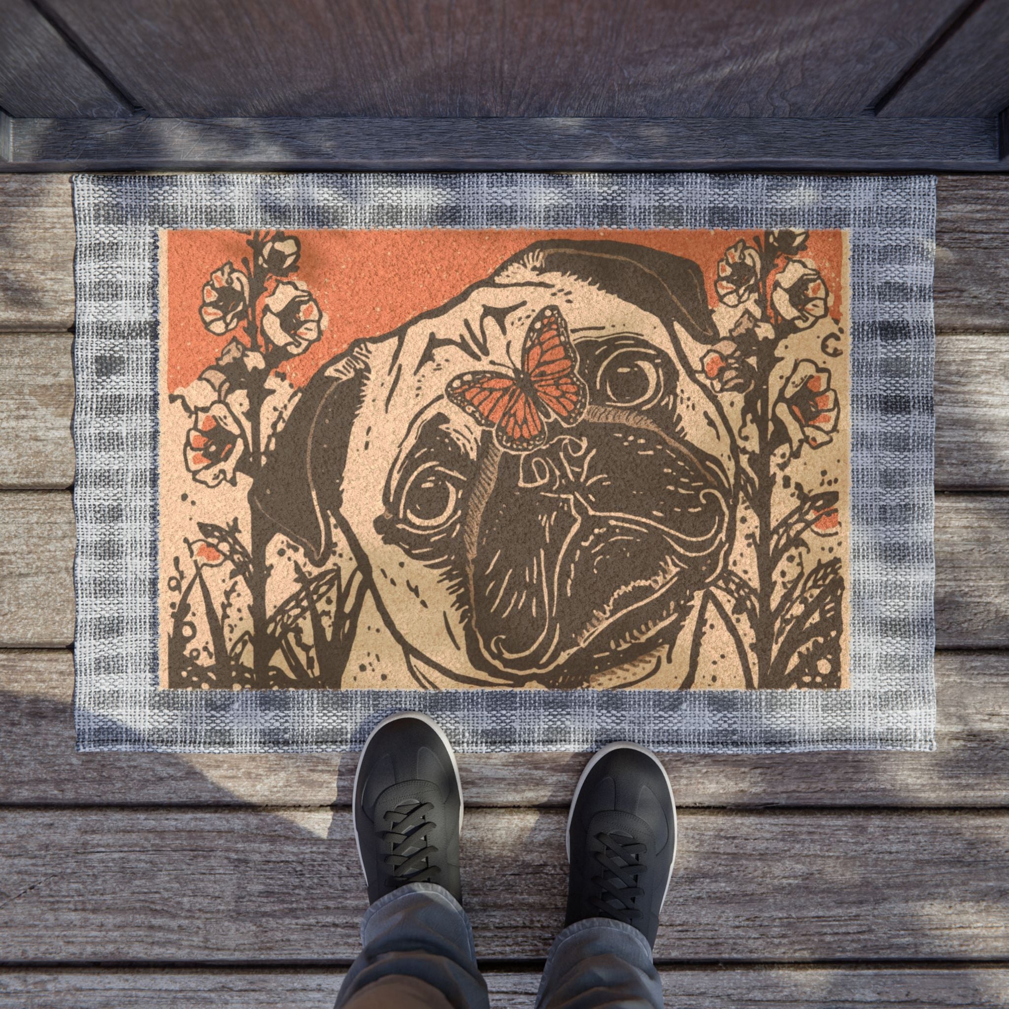 Cute Pug Welcome Mat Doormat | Fawn & Black Pug Door Mat, Pug Lover Home Decor
