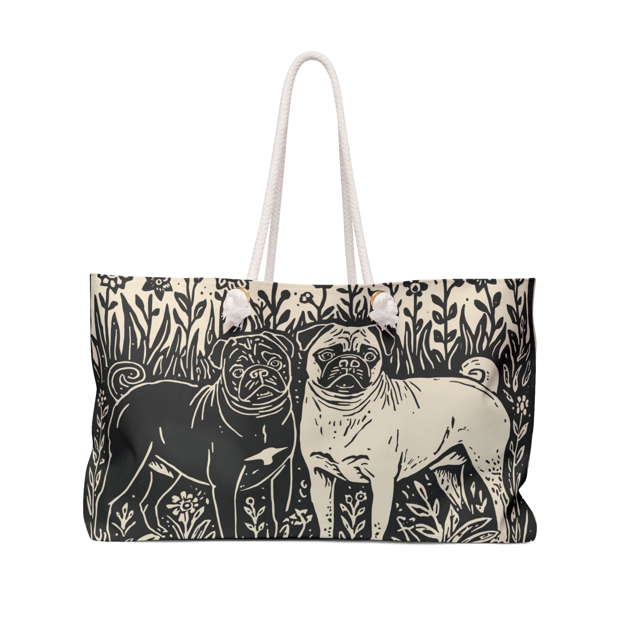 Pug Linocut Weekender Bag | Two sided Pug Art Tote, Pug Mom Travel Bag