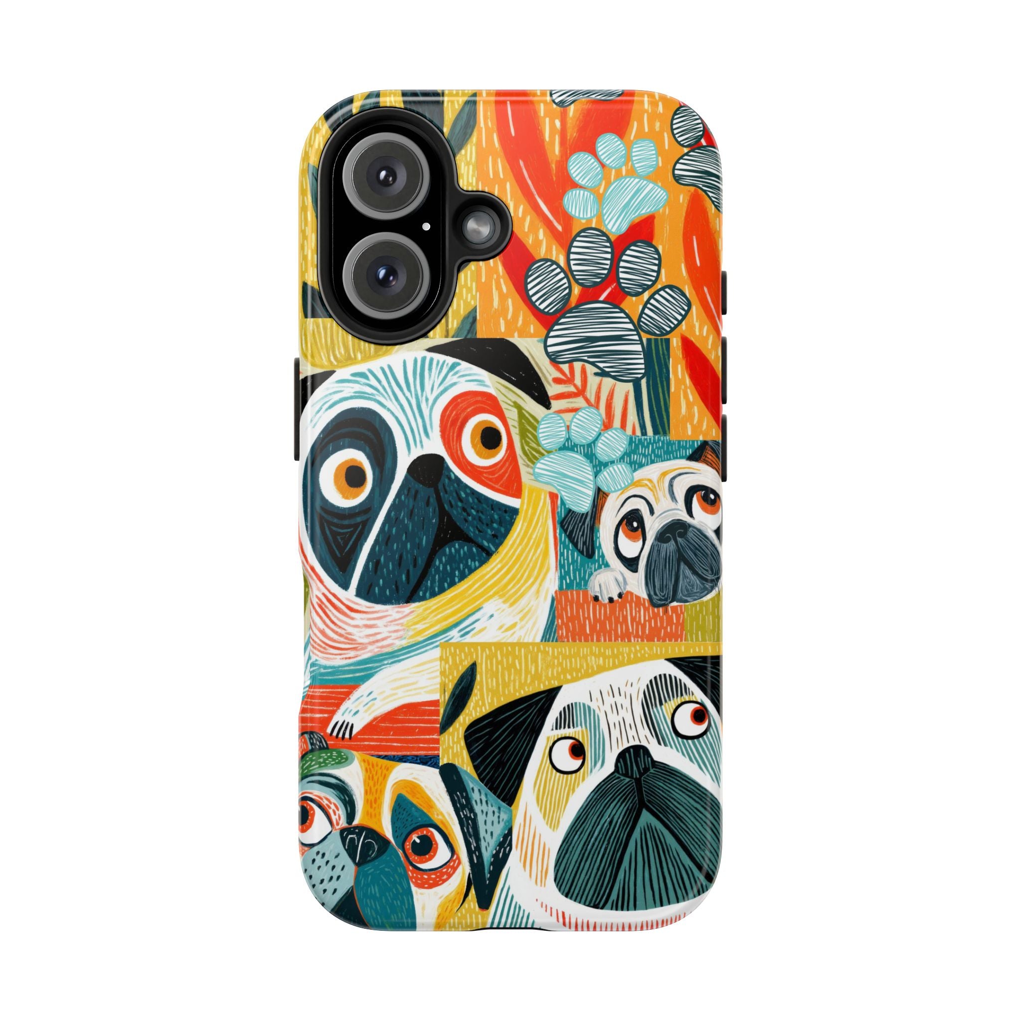 Colorful Pug Collage Phone Case | Cute Dog Art, Floral Accents