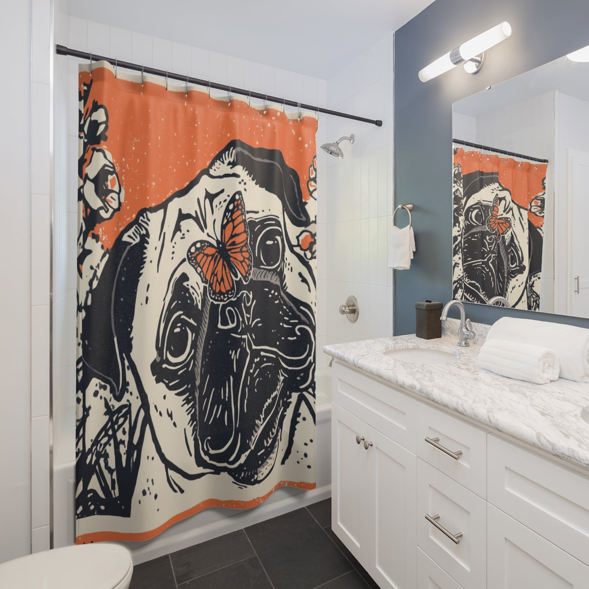 Pug Linocut Art Shower Curtain | Vintage Pug Bathroom Decor
