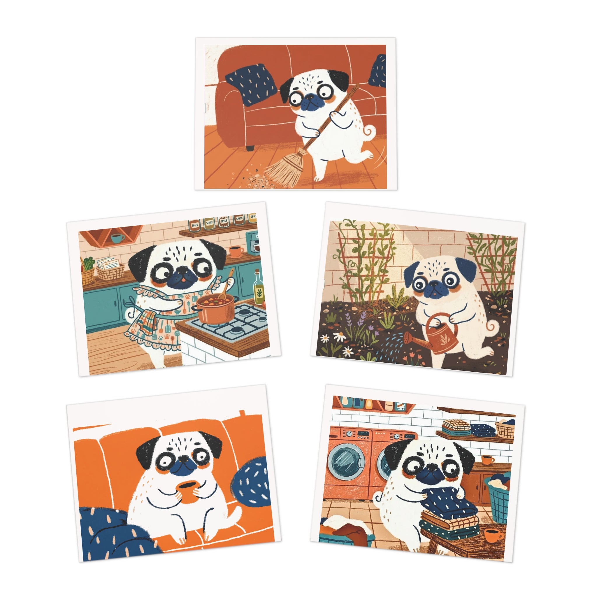 Funny Pug Illustration Greeting Cards 5-Pack | Pugs Doing Chores & Relaxing