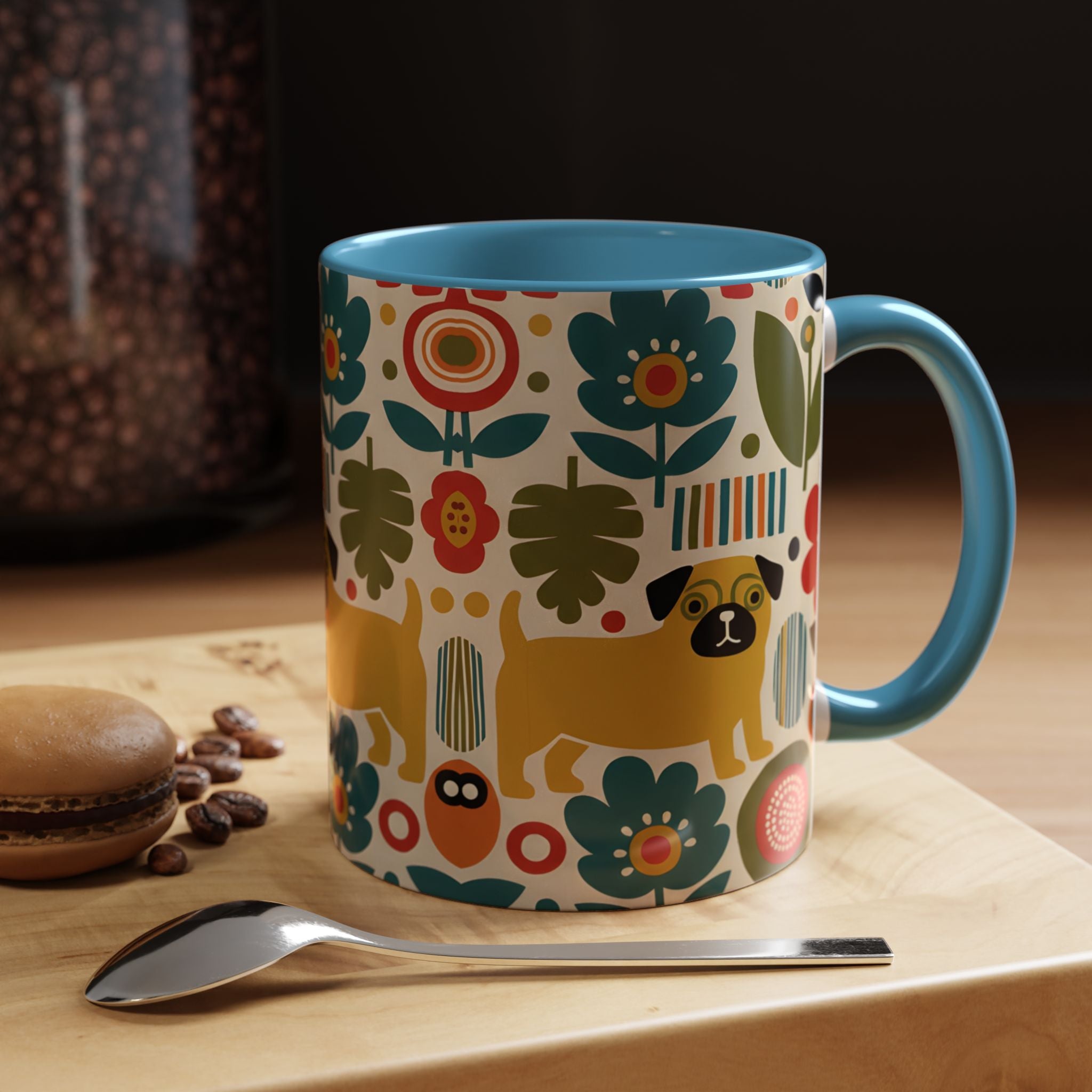 Midcentury Pug Accent Coffee Mug — Marimekko‑Style Pug Mom Gift (11/15 oz)
