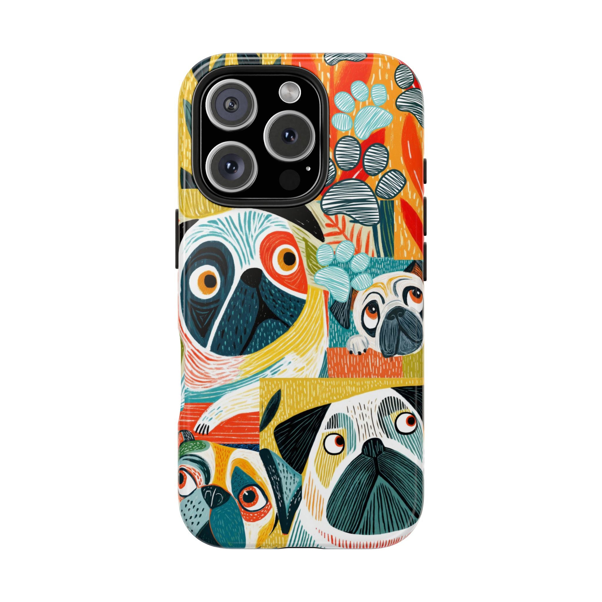 Colorful Pug Collage Phone Case | Cute Dog Art, Floral Accents