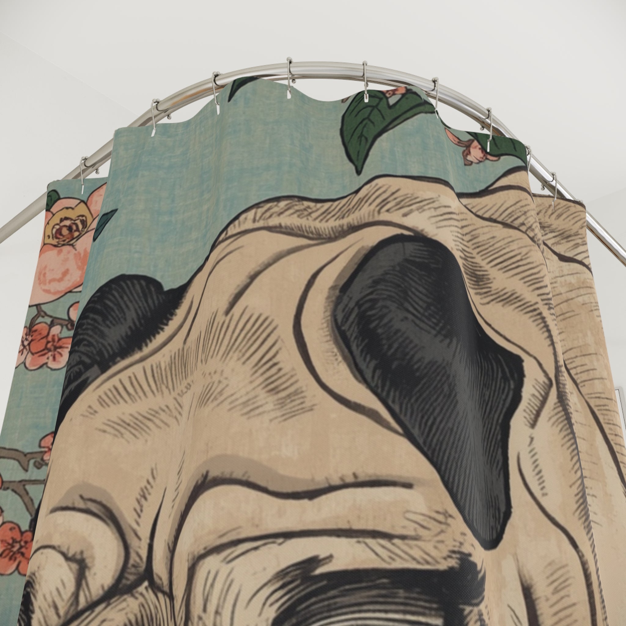 Pug with Persimmon Shower Curtain | Floral Vintage Dog Bathroom Decor