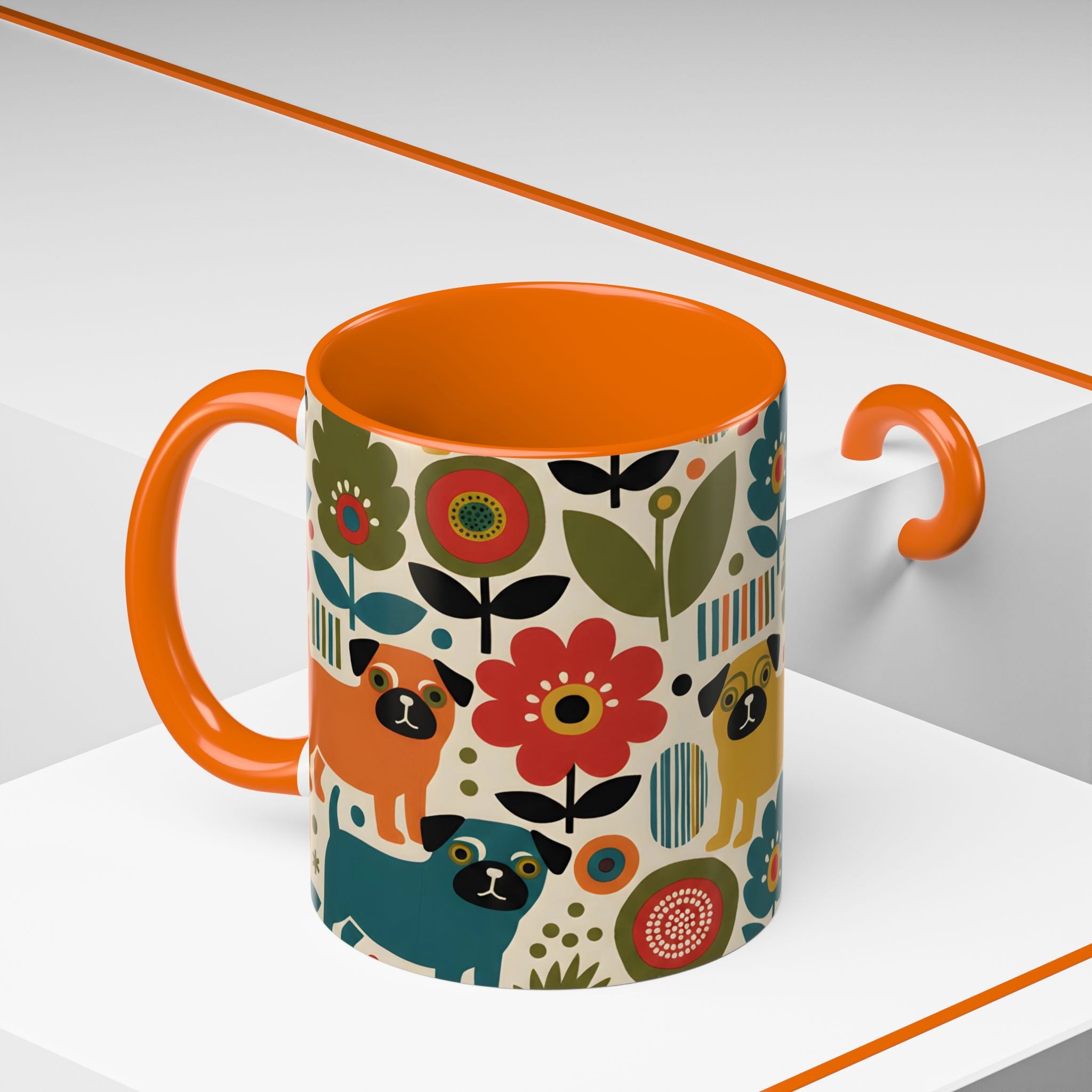 Midcentury Pug Accent Coffee Mug — Marimekko‑Style Pug Mom Gift (11/15 oz)
