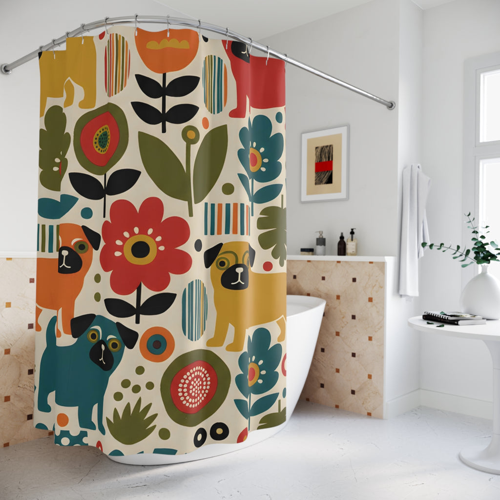 Midcentury Marimekko Style Pug Shower Curtain | Pugtrovert Statement Piece