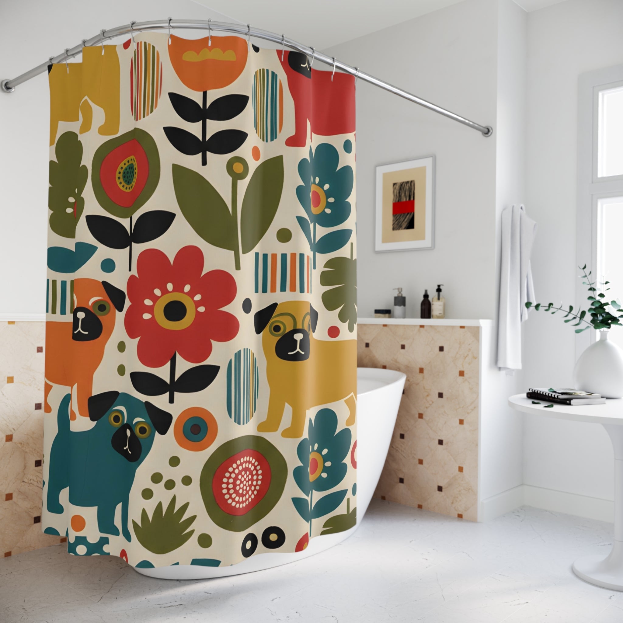 Midcentury Marimekko Style Pug Shower Curtain | Pugtrovert Statement Piece