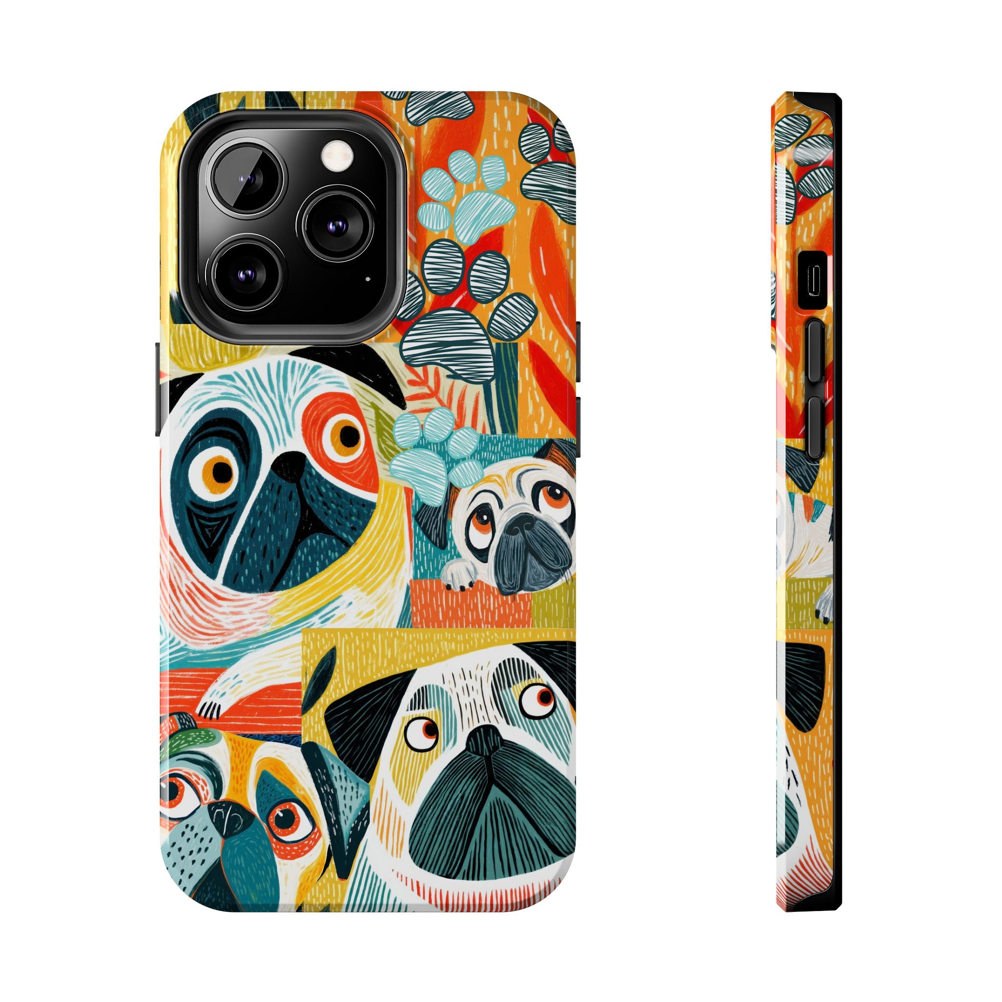 Colorful Pug Collage Phone Case | Cute Dog Art, Floral Accents