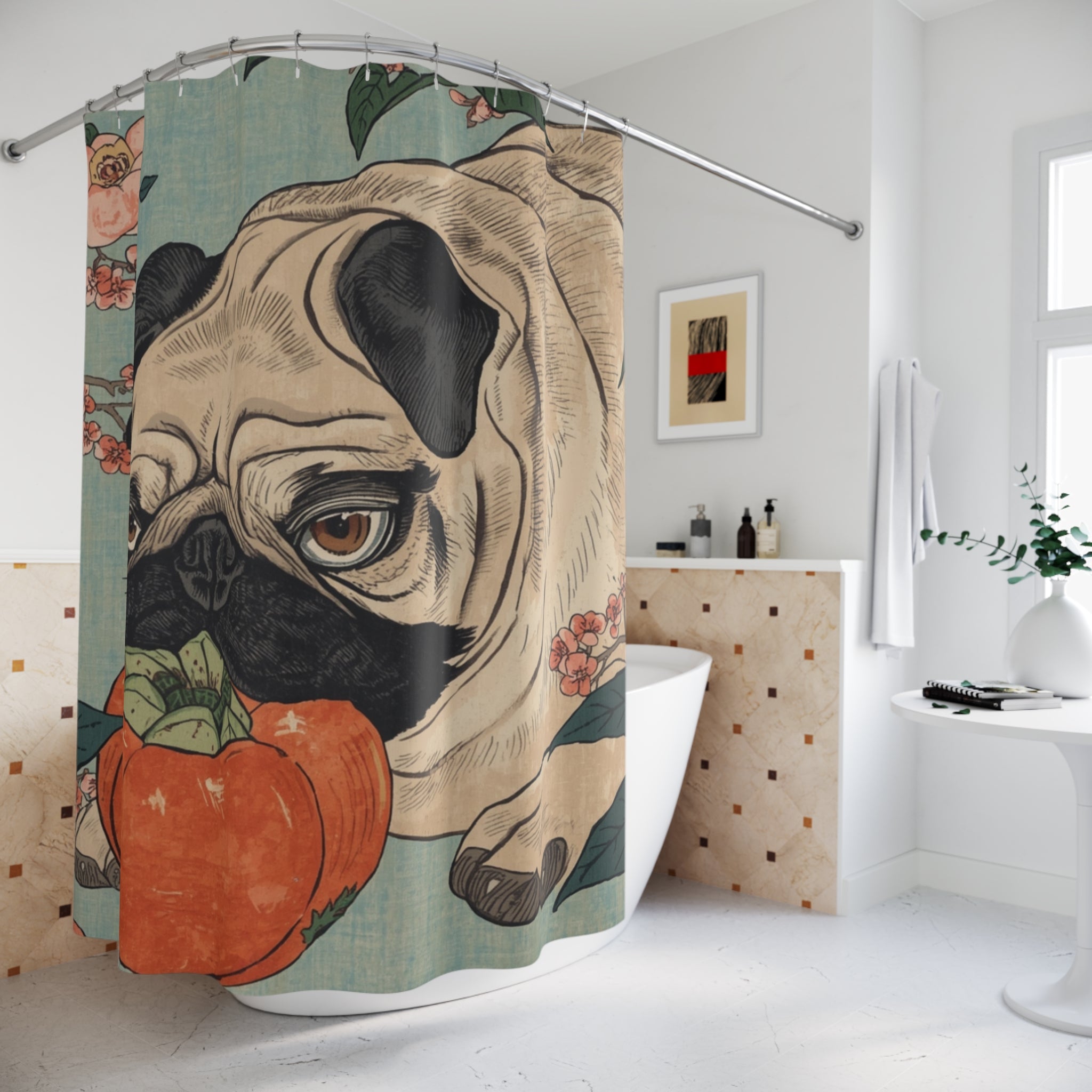 Pug with Persimmon Shower Curtain | Floral Vintage Dog Bathroom Decor