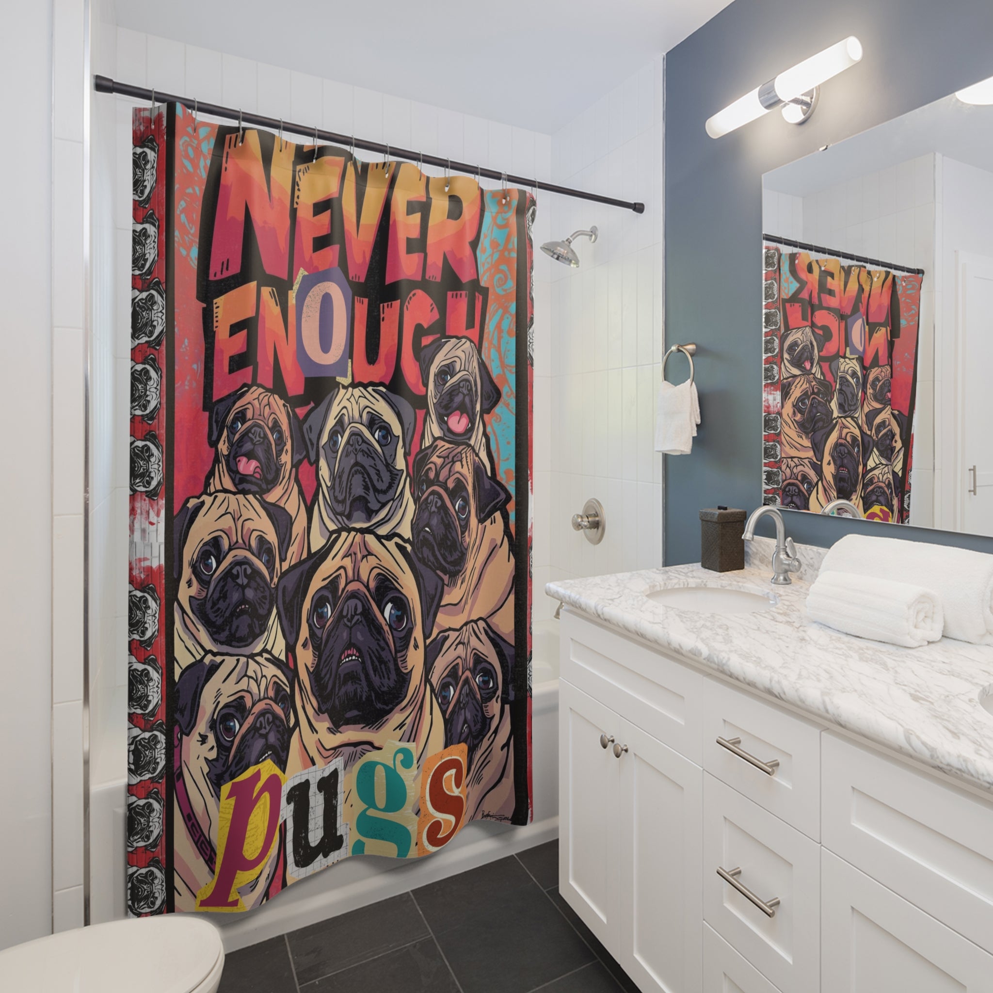 Graffiti Pug Magazine Collage Shower Curtain | Pugtrovert Statement Piece