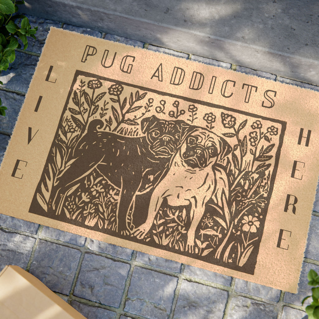 Linocut Pug Welcome Mat Doormat | Fawn & Black Pug Door Mat, Pug Lover Home Decor