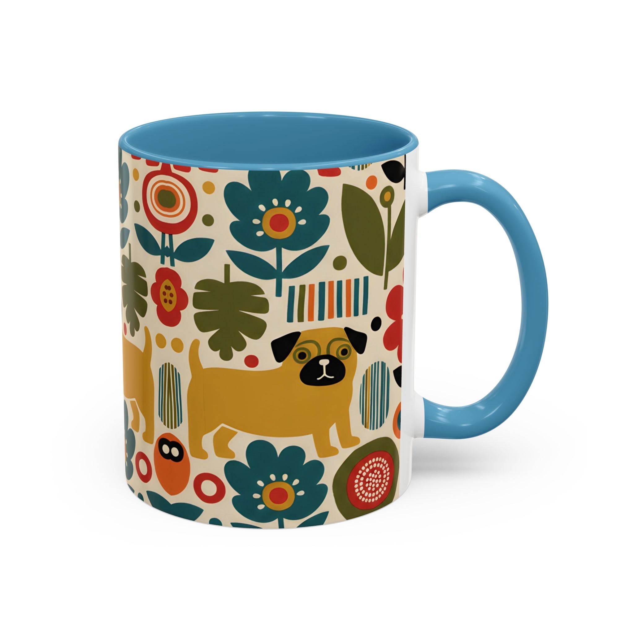 Midcentury Pug Accent Coffee Mug — Marimekko‑Style Pug Mom Gift (11/15 oz)
