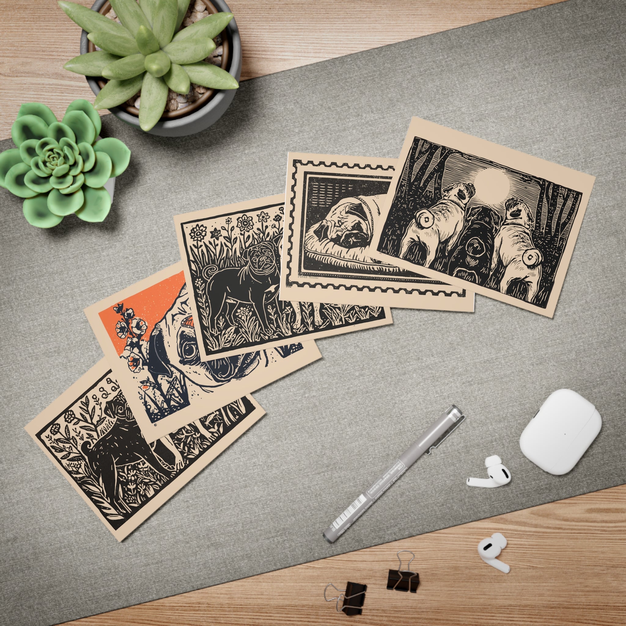 Pug Linocut Greeting Cards 5-Pack | Blank Pug Stationery with Envelopes, Bespoke Fine Art Prints, Thank you for Pug Sitter or Groomer