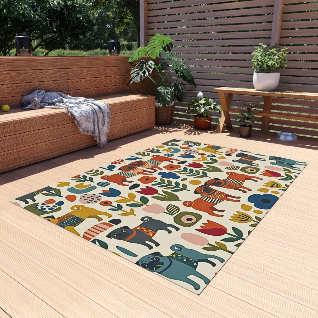 Scandinavian Folk Dogs Outdoor Rug | Floral Pattern Patio Mat