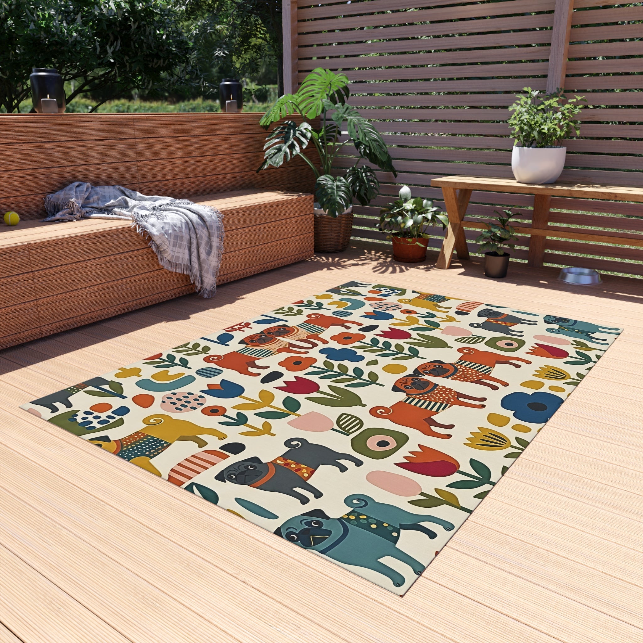 Scandinavian Folk Dogs Outdoor Rug | Floral Pattern Patio Mat