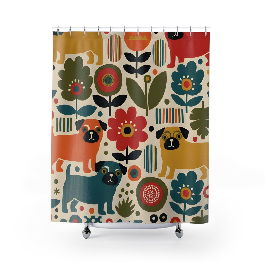 Midcentury Marimekko Style Pug Shower Curtain | Pugtrovert Statement Piece