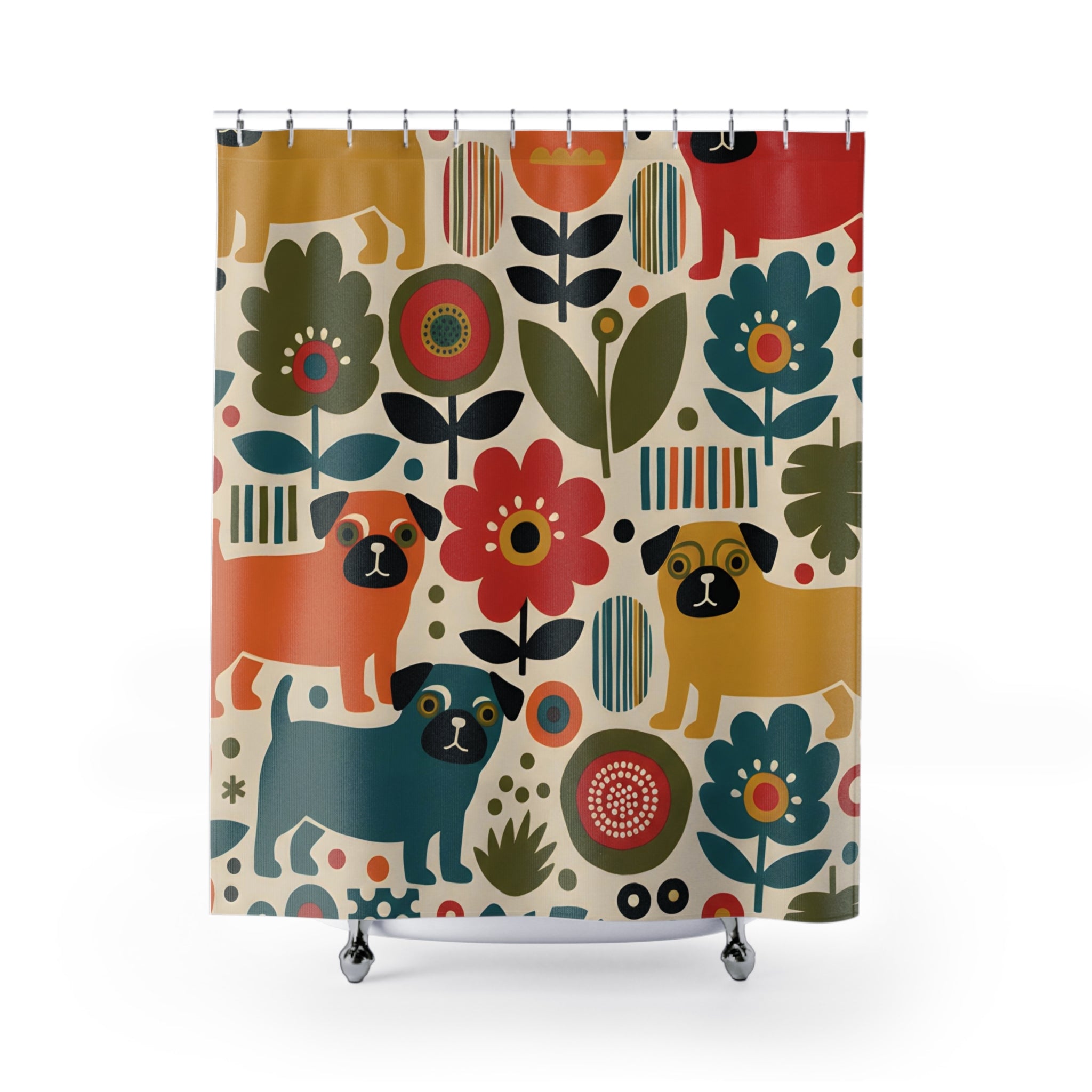 Midcentury Marimekko Style Pug Shower Curtain | Pugtrovert Statement Piece
