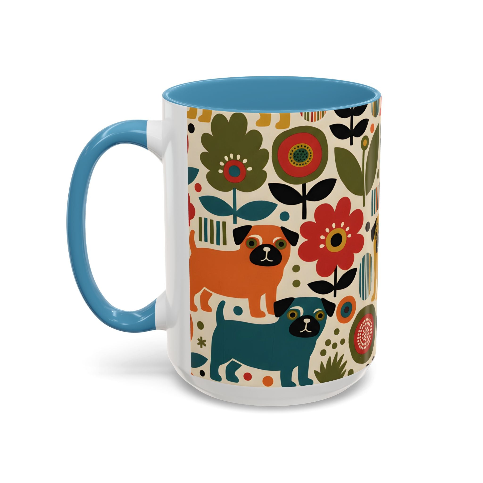 Midcentury Pug Accent Coffee Mug — Marimekko‑Style Pug Mom Gift (11/15 oz)