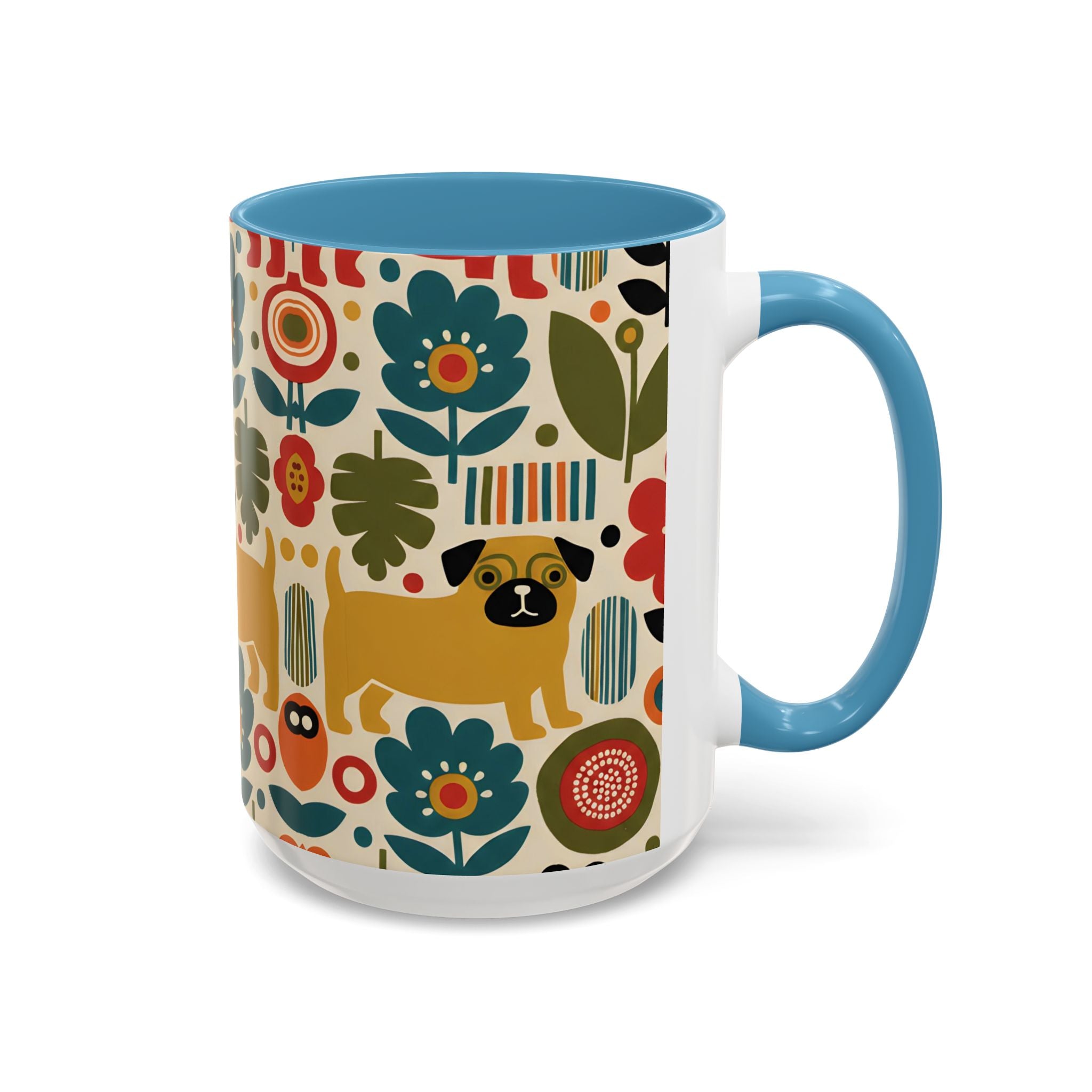 Midcentury Pug Accent Coffee Mug — Marimekko‑Style Pug Mom Gift (11/15 oz)