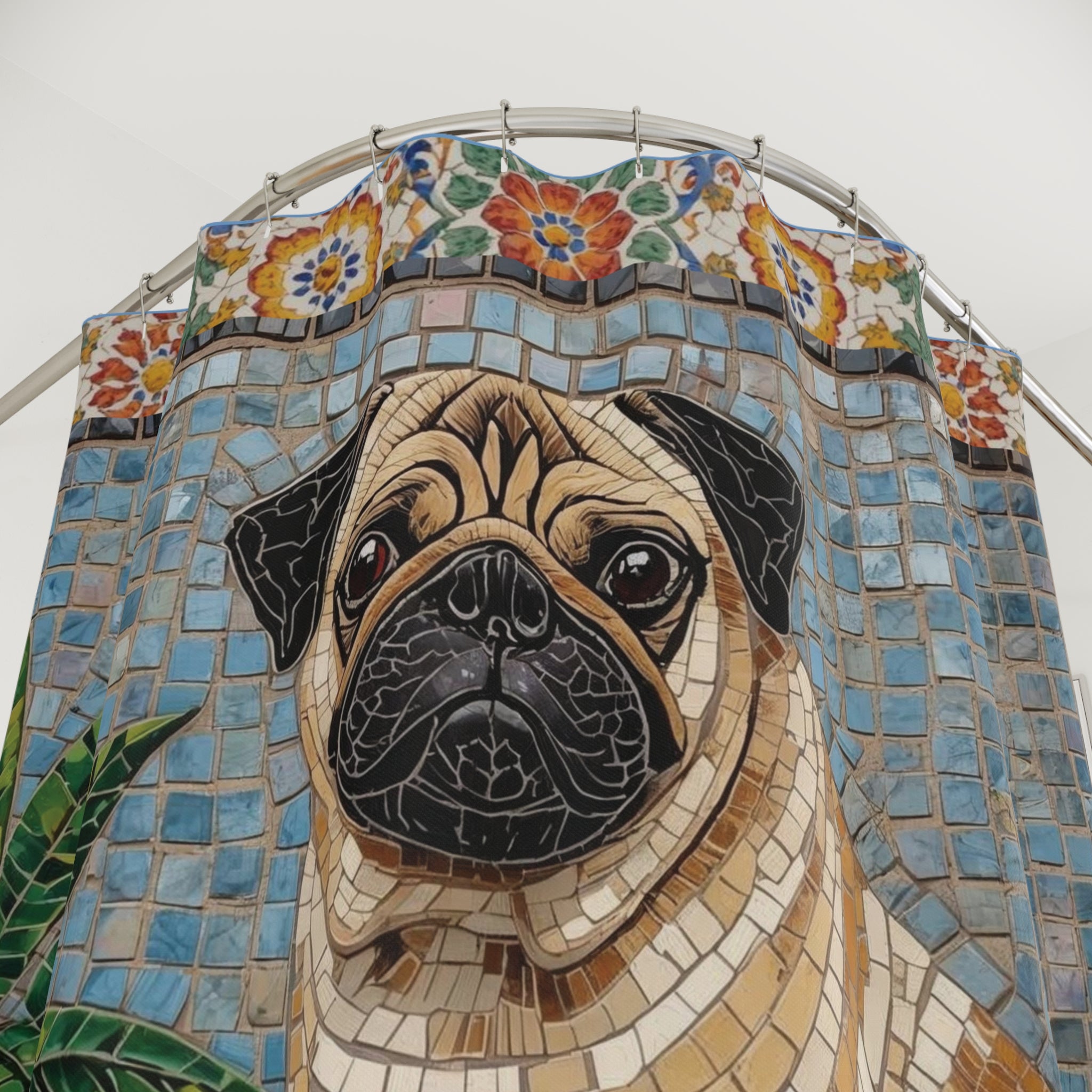 Pug Mosaic Shower Curtain | Tile Art Bathroom Decor