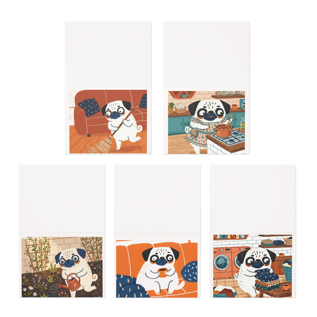 Funny Pug Illustration Greeting Cards 5-Pack | Pugs Doing Chores & Relaxing