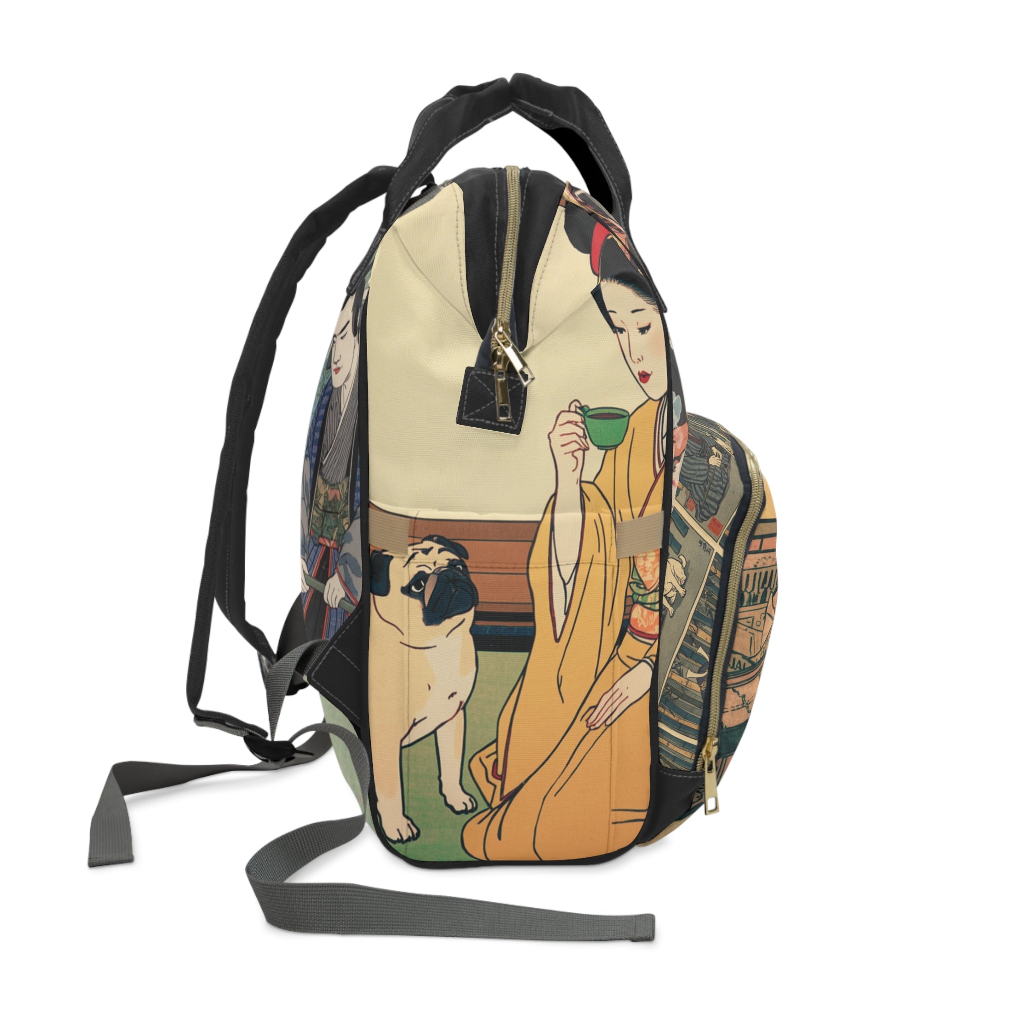 Vintage Japanese Ukiyo-e People & Pugs Diaper Backpack | Art Print Backpack