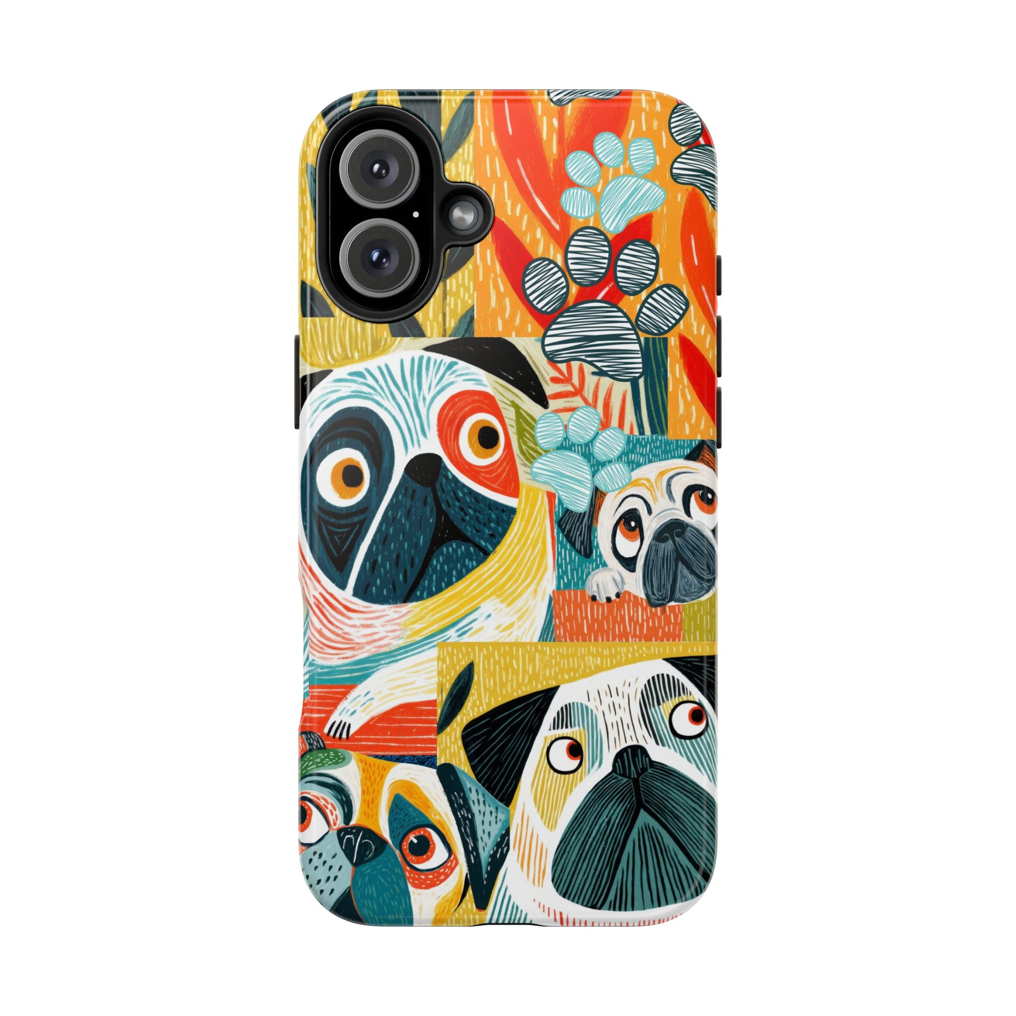 Colorful Pug Collage Phone Case | Cute Dog Art, Floral Accents