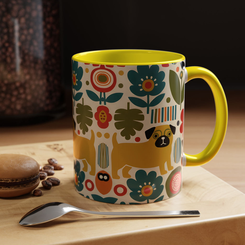 Midcentury Pug Accent Coffee Mug — Marimekko‑Style Pug Mom Gift (11/15 oz)