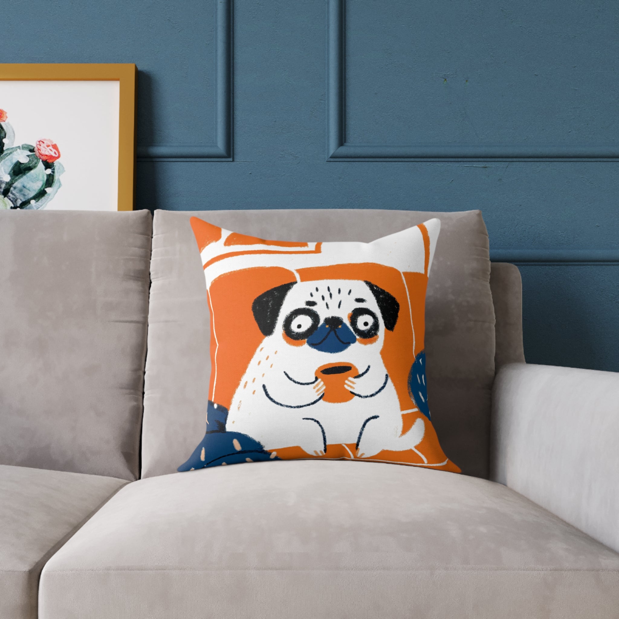 Vintage Pug Art Square Poly Canvas Pillow | Two-Sided Pug Throw Pillow