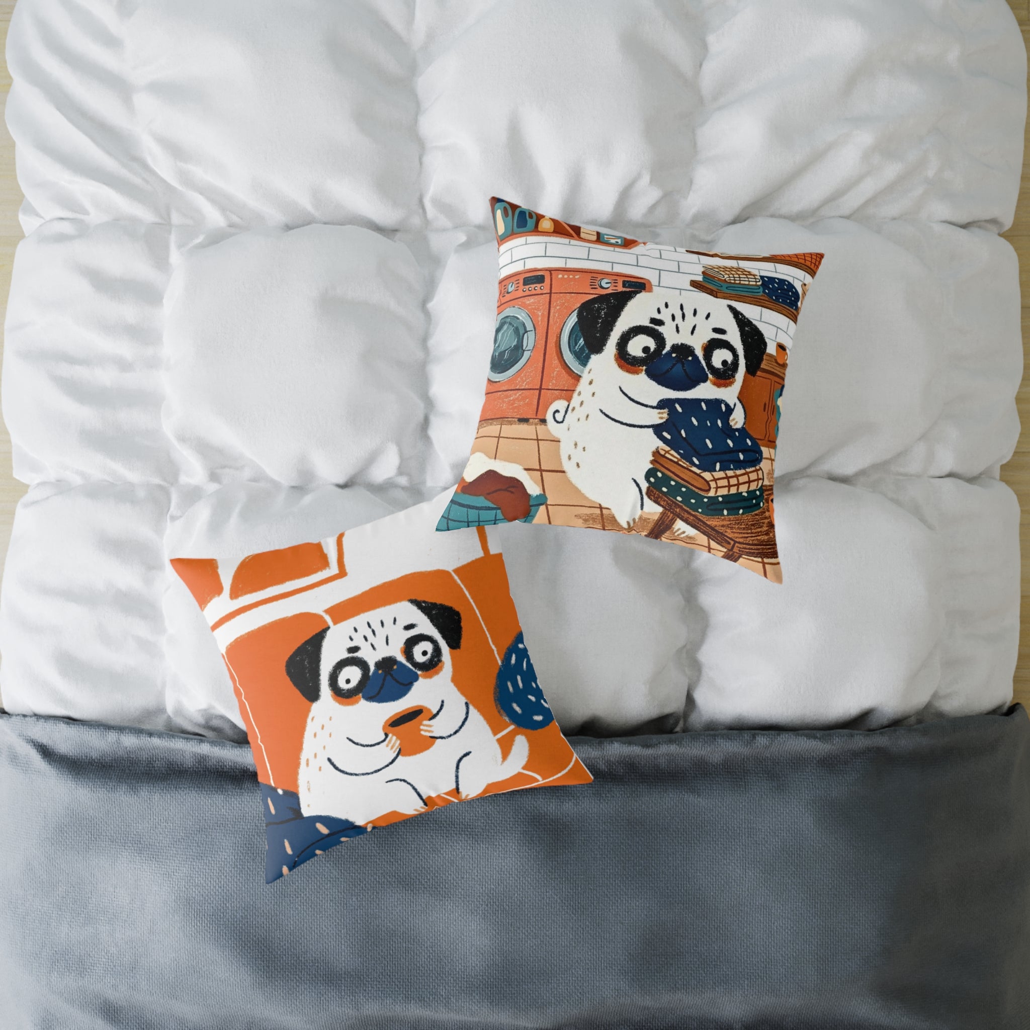 Vintage Pug Art Square Poly Canvas Pillow | Two-Sided Pug Throw Pillow