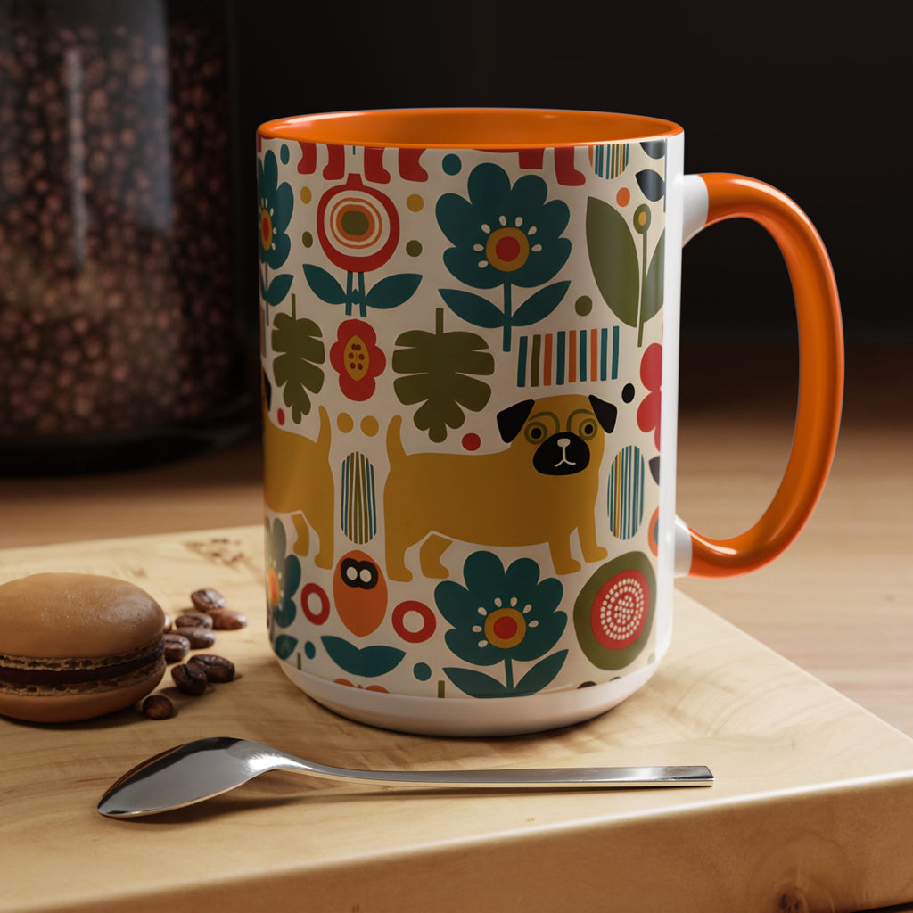 Midcentury Pug Accent Coffee Mug — Marimekko‑Style Pug Mom Gift (11/15 oz)