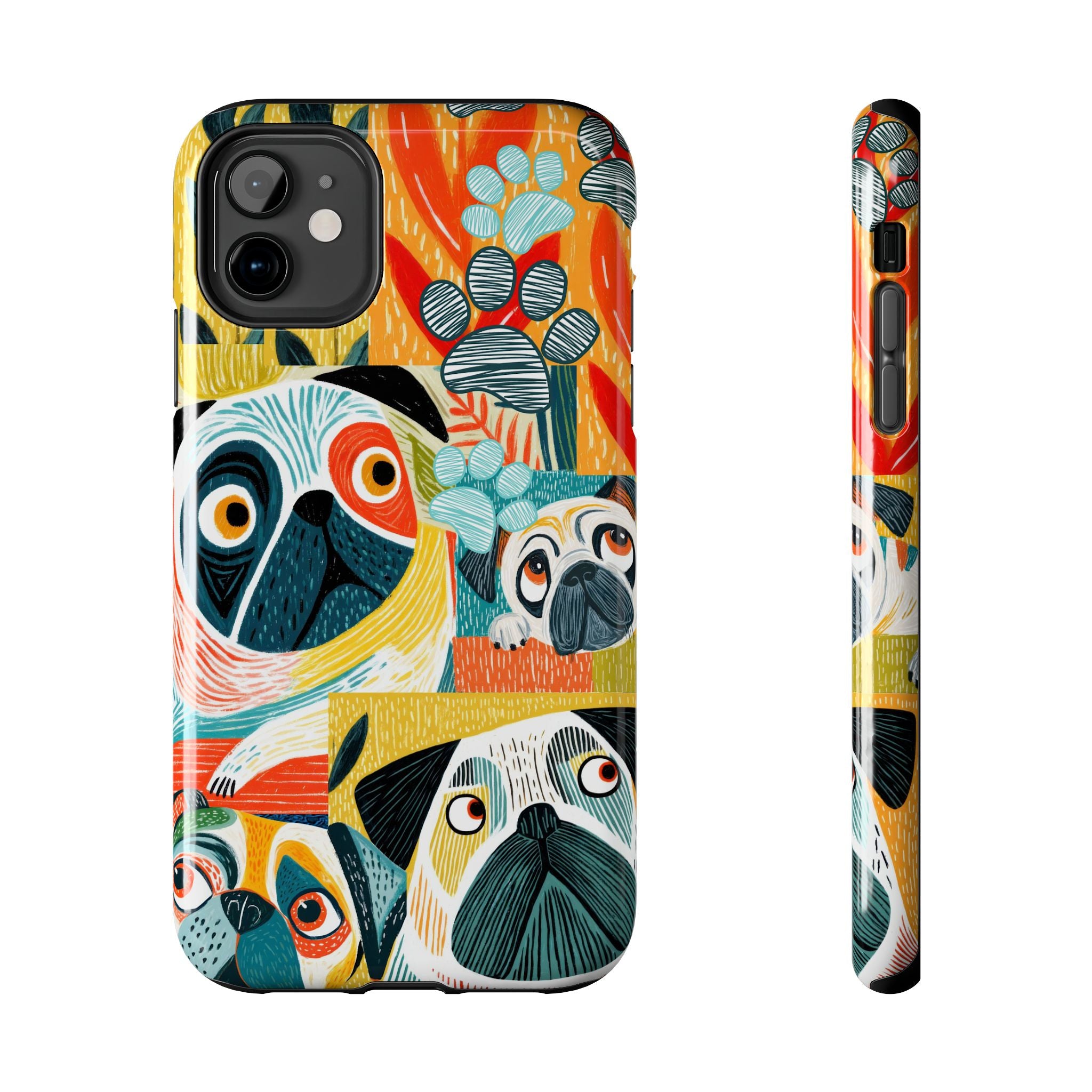 Colorful Pug Collage Phone Case | Cute Dog Art, Floral Accents