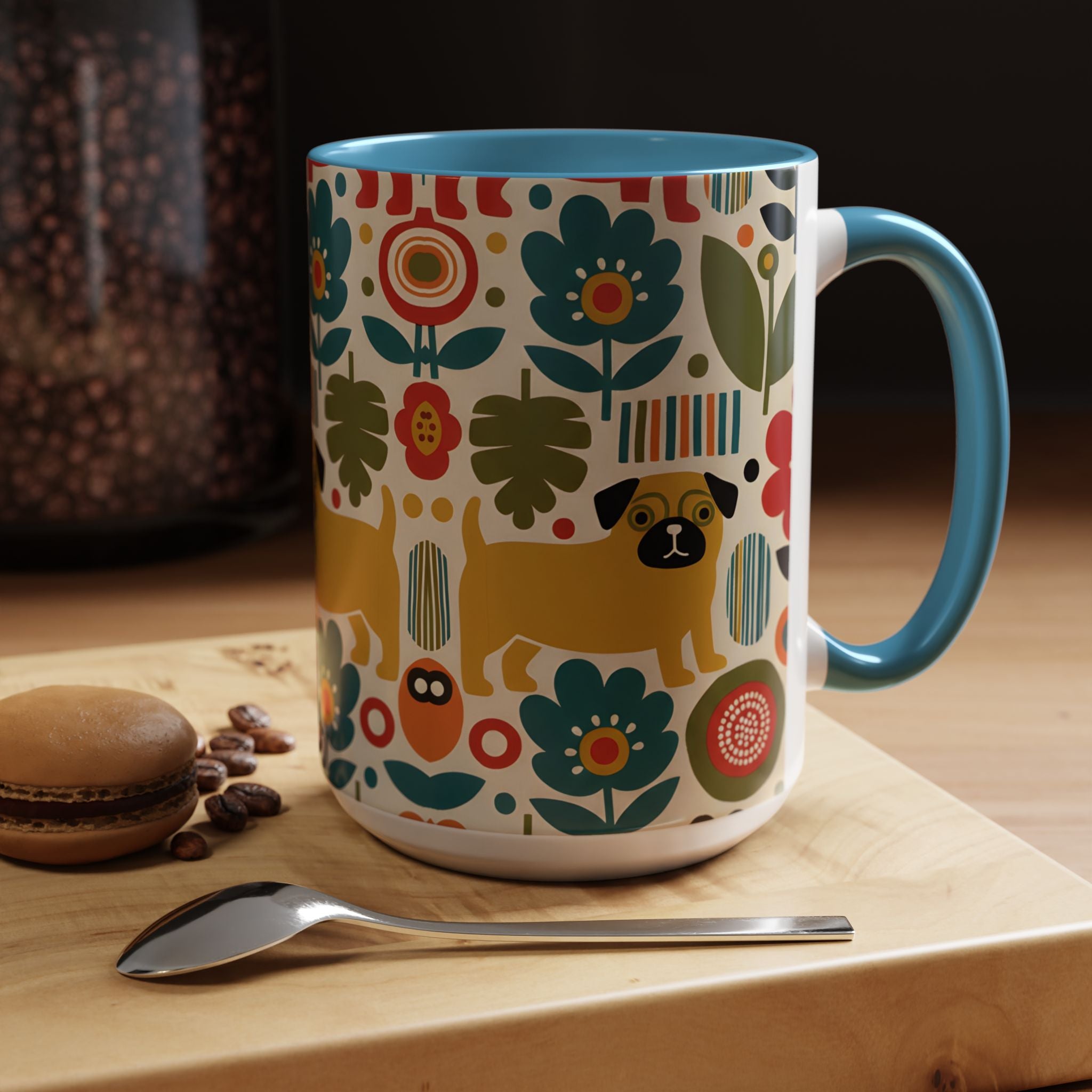 Midcentury Pug Accent Coffee Mug — Marimekko‑Style Pug Mom Gift (11/15 oz)
