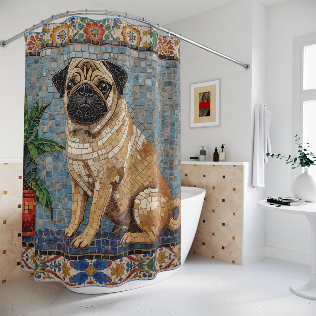 Pug Mosaic Shower Curtain | Tile Art Bathroom Decor