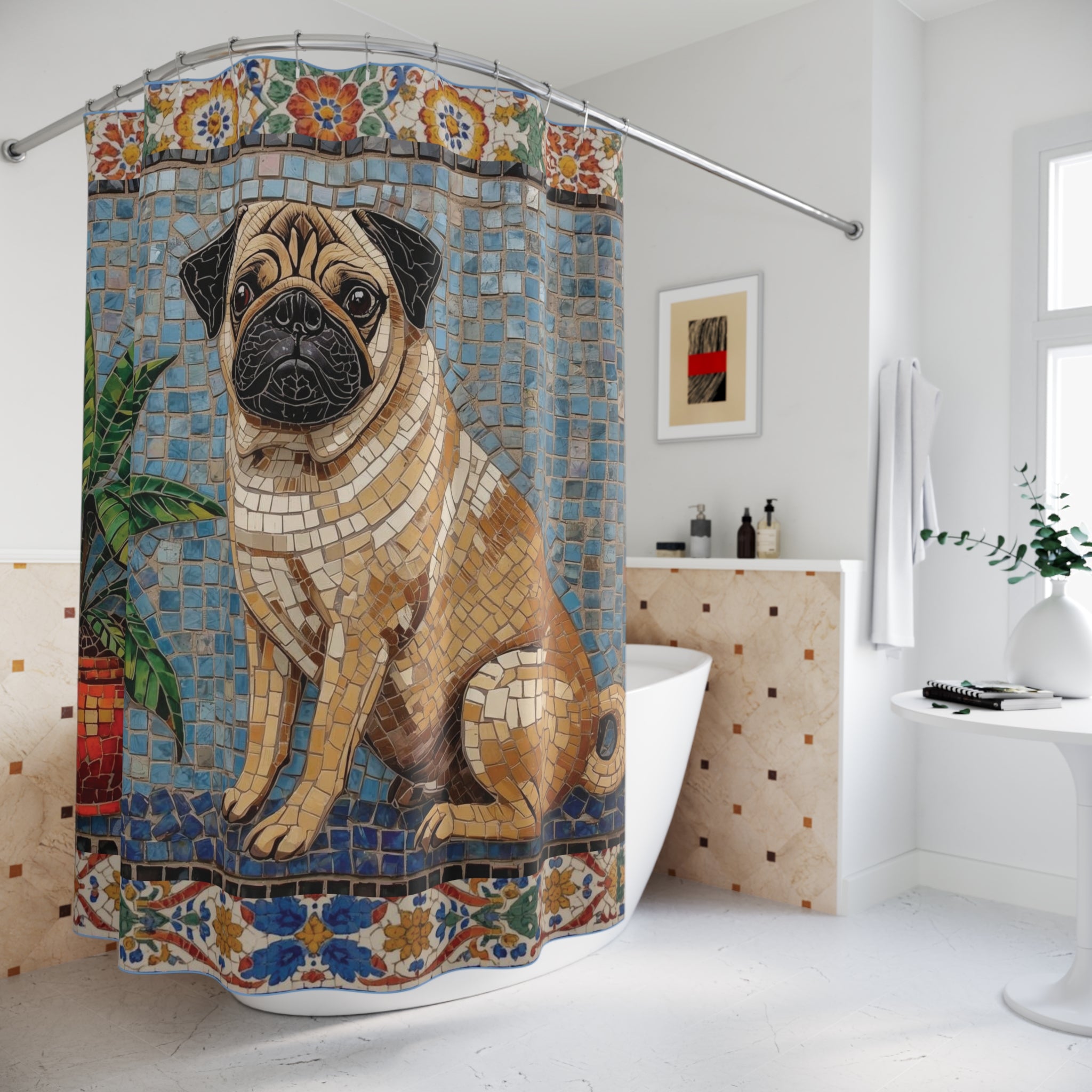 Pug Mosaic Shower Curtain | Tile Art Bathroom Decor