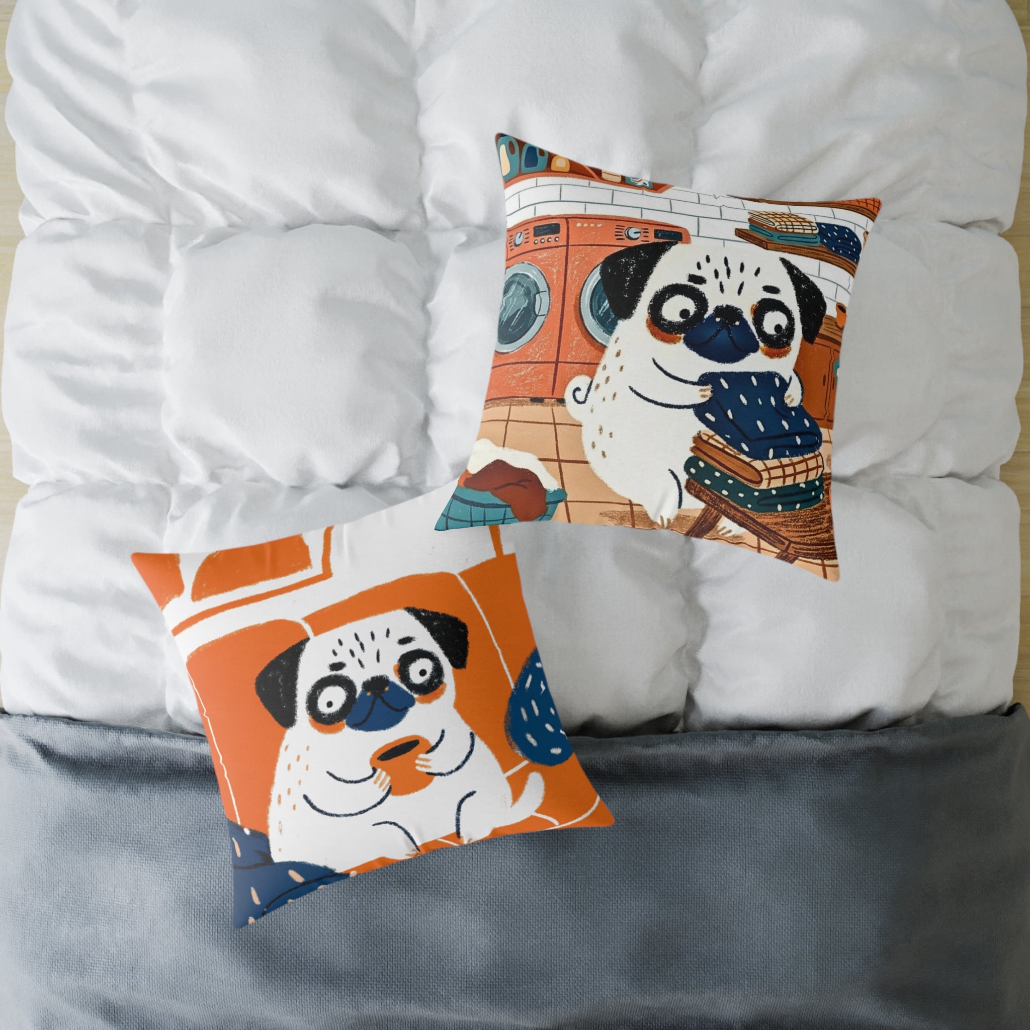 Vintage Pug Art Square Poly Canvas Pillow | Two-Sided Pug Throw Pillow