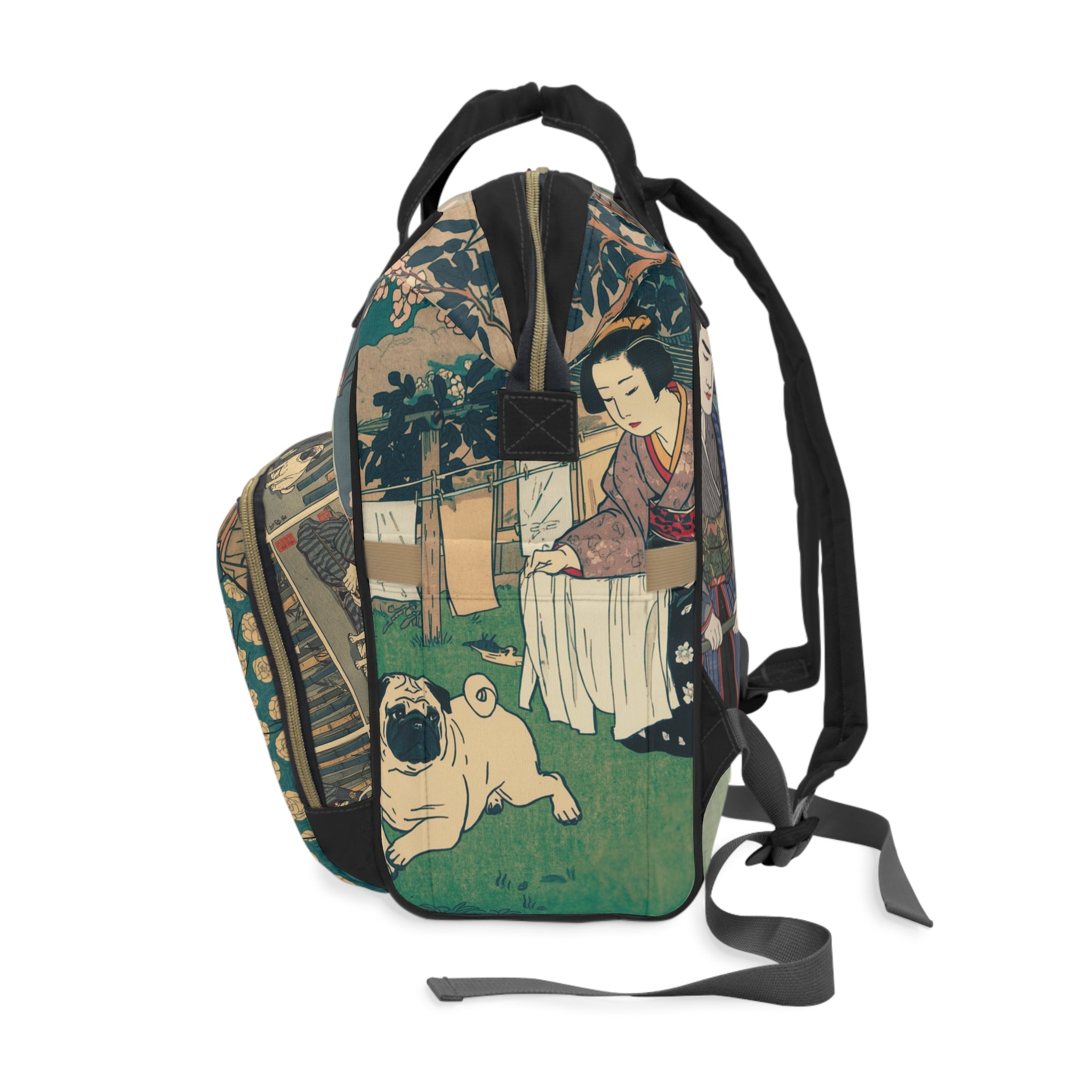Vintage Japanese Ukiyo-e People & Pugs Diaper Backpack | Art Print Backpack