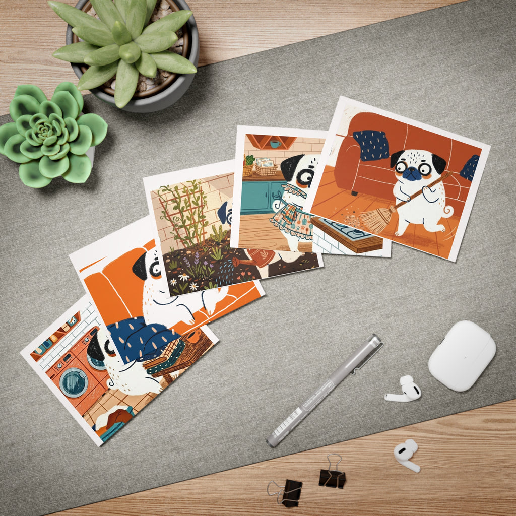 Funny Pug Illustration Greeting Cards 5-Pack | Pugs Doing Chores & Relaxing