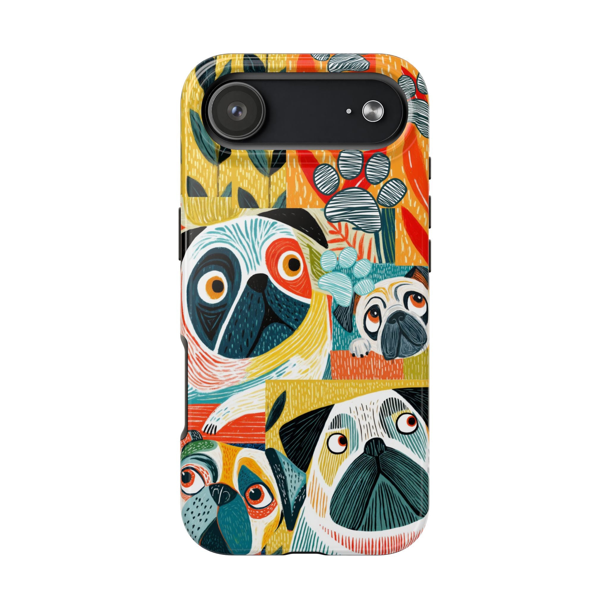 Colorful Pug Collage Phone Case | Cute Dog Art, Floral Accents