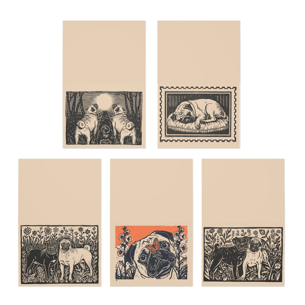 Pug Linocut Greeting Cards 5-Pack | Blank Pug Stationery with Envelopes, Bespoke Fine Art Prints, Thank you for Pug Sitter or Groomer