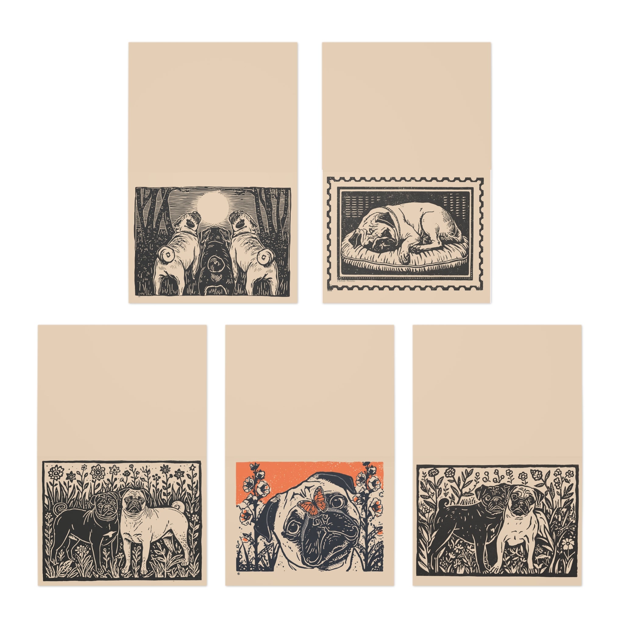 Pug Linocut Greeting Cards 5-Pack | Blank Pug Stationery with Envelopes, Bespoke Fine Art Prints, Thank you for Pug Sitter or Groomer
