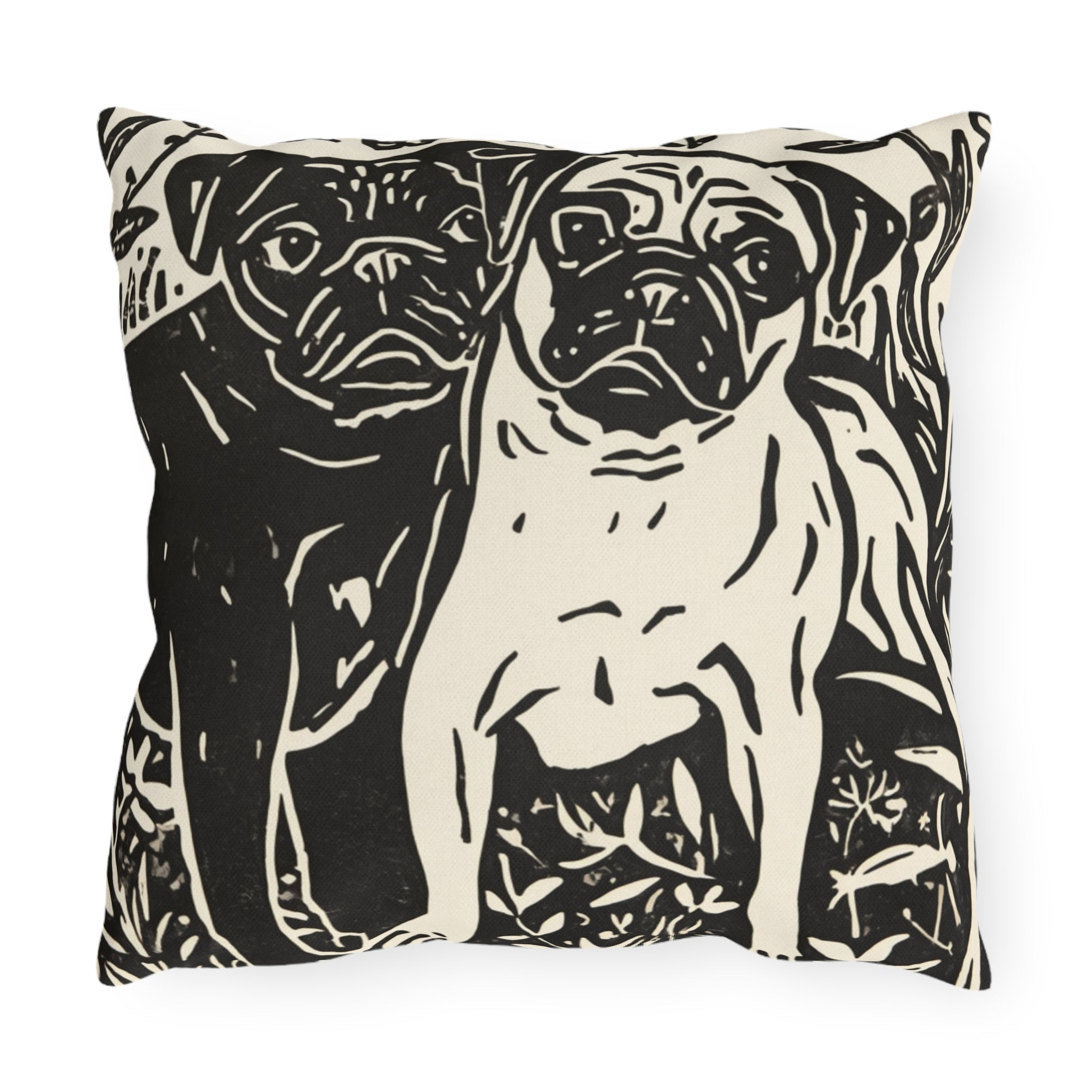Black and Fawn Pug linocut Art Outdoor Pillows | Pug Patio Decor, Waterproof Two-Sided