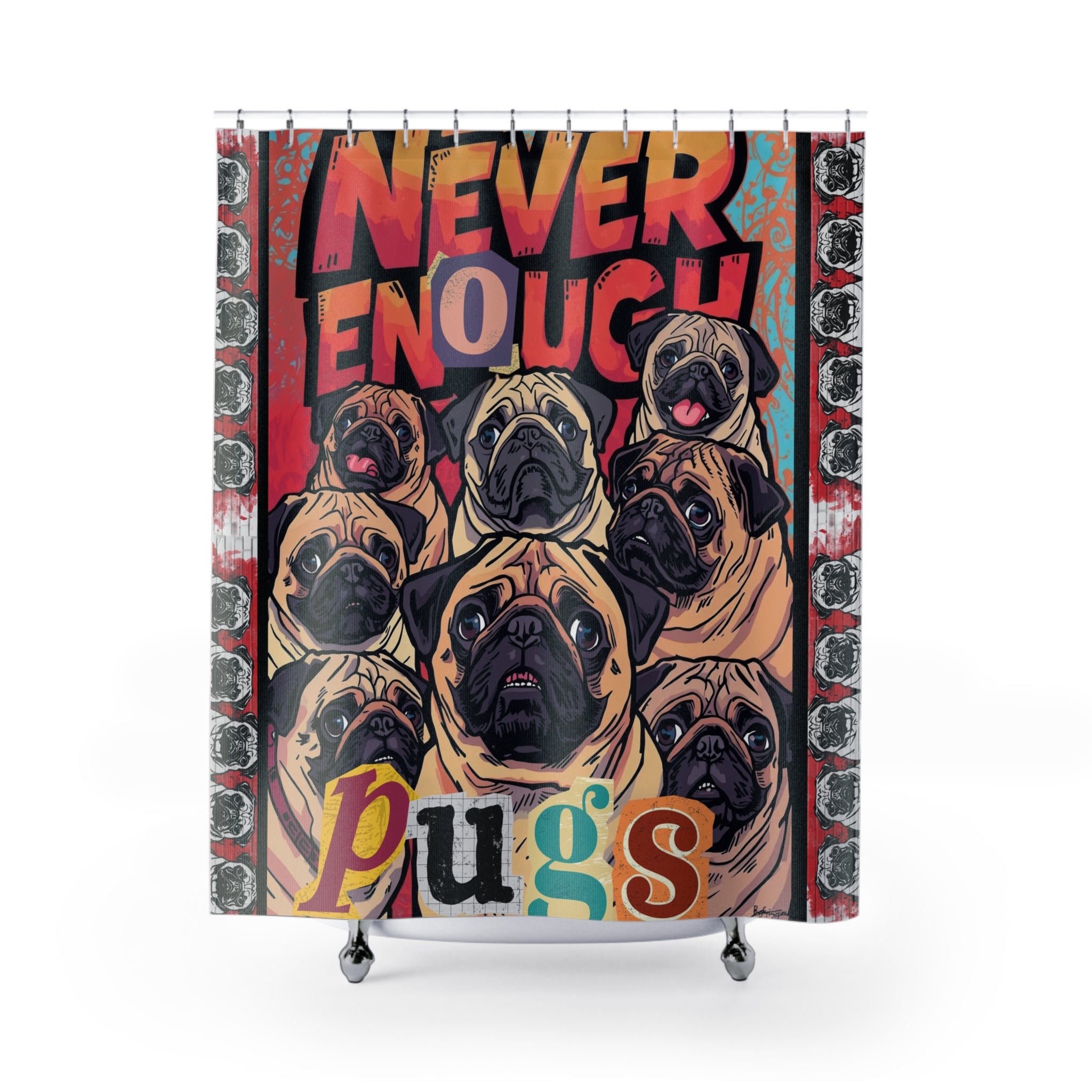 Graffiti Pug Magazine Collage Shower Curtain | Pugtrovert Statement Piece